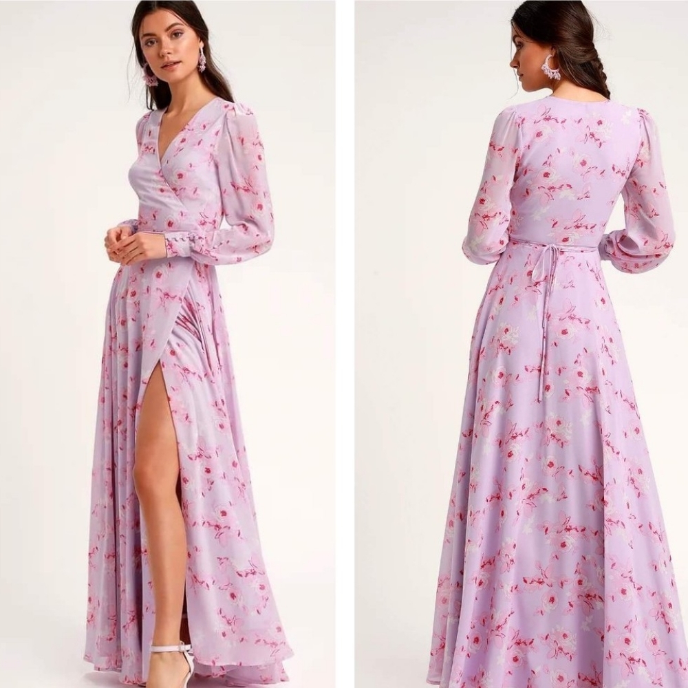 Lulus Lavender Floral Print Long Sleeve Wrap Dress